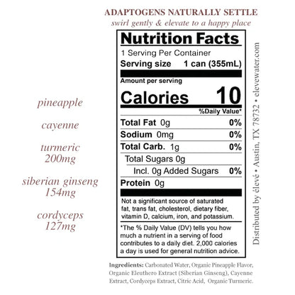 eleve fire adaptogen infused sparkling water, functional beverage low in calories, vegan, organic, nothing artificial